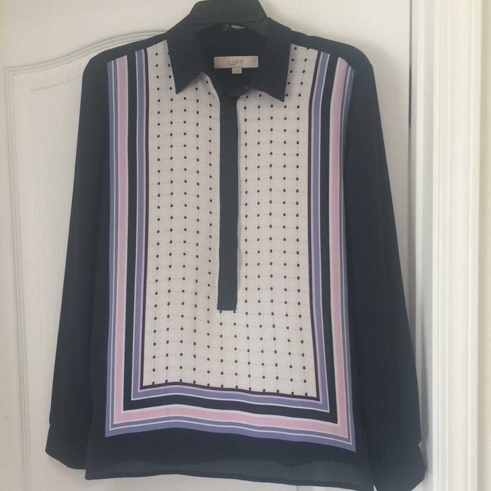 LOFT Navy and White Blouse with Pink and Lavender Stripes